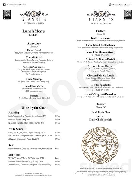 versace mansion dinner menu prices|gianni Versace mansion dinner.